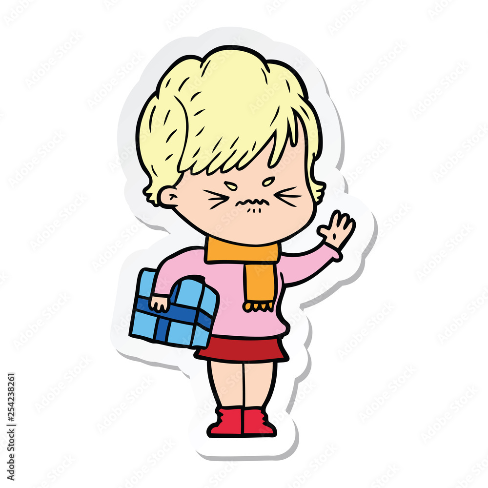 sticker of a cartoon frustrated woman sticker of a cartoon frustrated woman