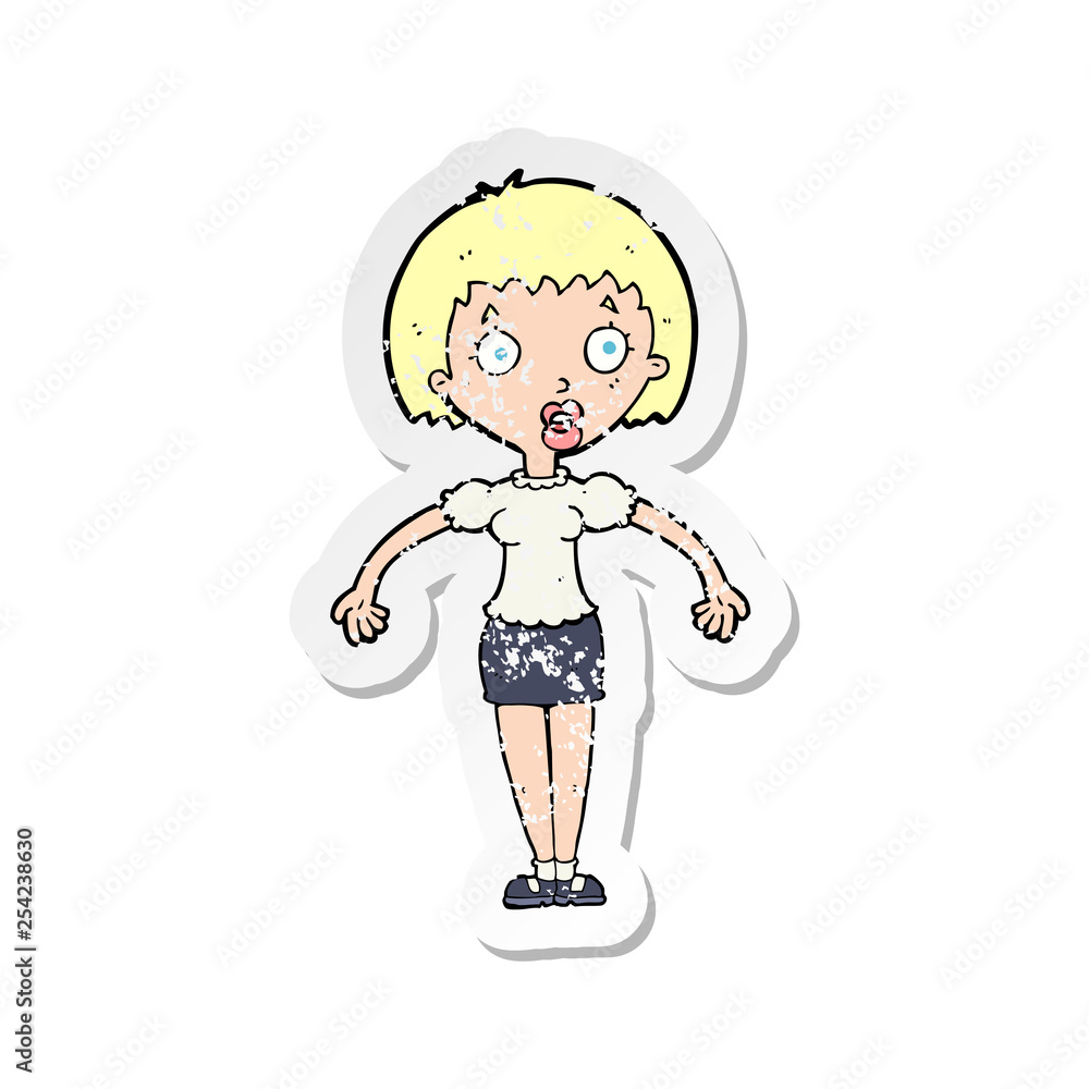 retro distressed sticker of a cartoon confused woman shrugging shoulders retro distressed sticker of a cartoon confused woman shrugging shoulders