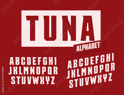 Tuna letters set. Stretched and tall with trendy angular serifs style vector latin alphabet. Fonts for events, promotions, logos, banner, monogram and poster. Typography design.