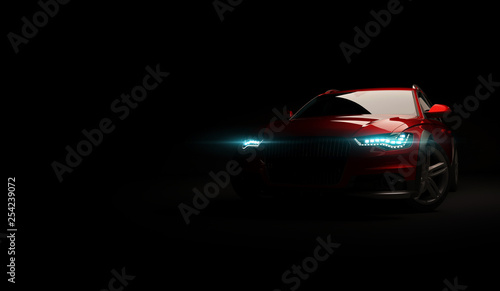 Stylish car on a black background with led lights on. Futuristic modern vehicle head light xenon on dark. 3d render