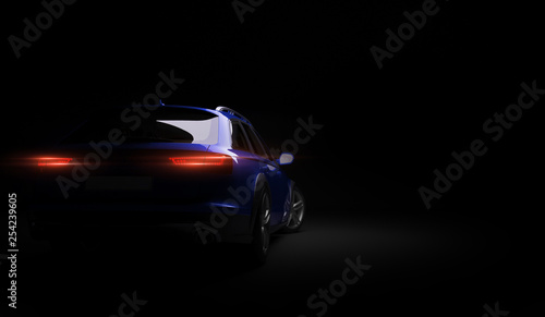 Stylish car on a black background with led lights on. Futuristic modern vehicle head light xenon on dark. 3d render photo