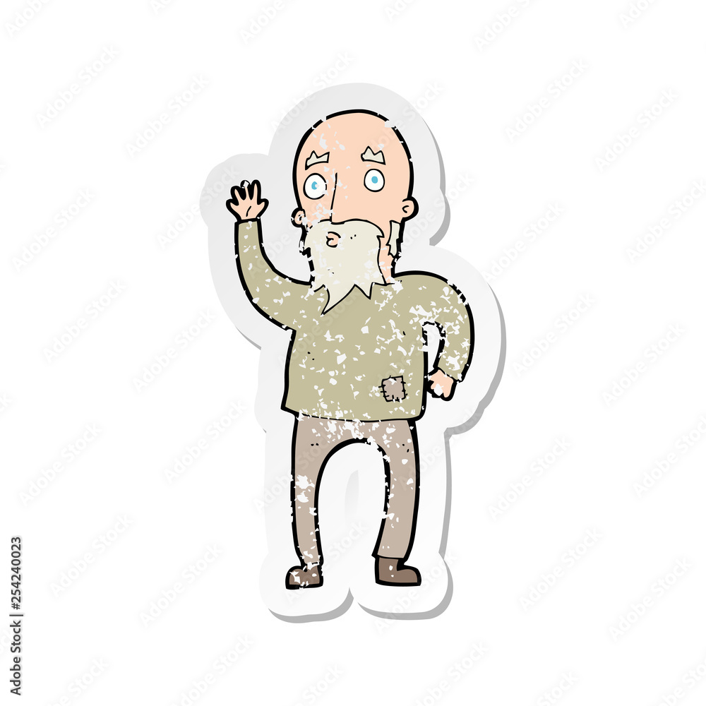 retro distressed sticker of a cartoon old man waving