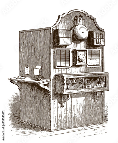 Historical railway signal box (after an etching or engraving from the 19th century)