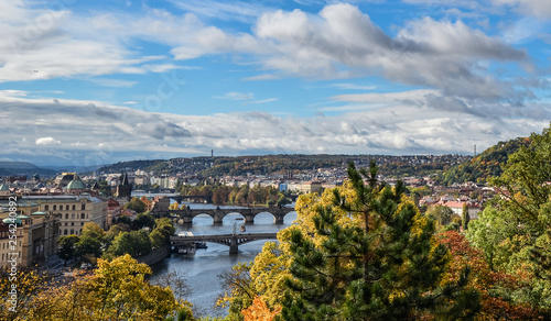 Gorgeous view on Prague city center, Vltava river and cascade of bridges, Czech Republic. Autumn Prague.