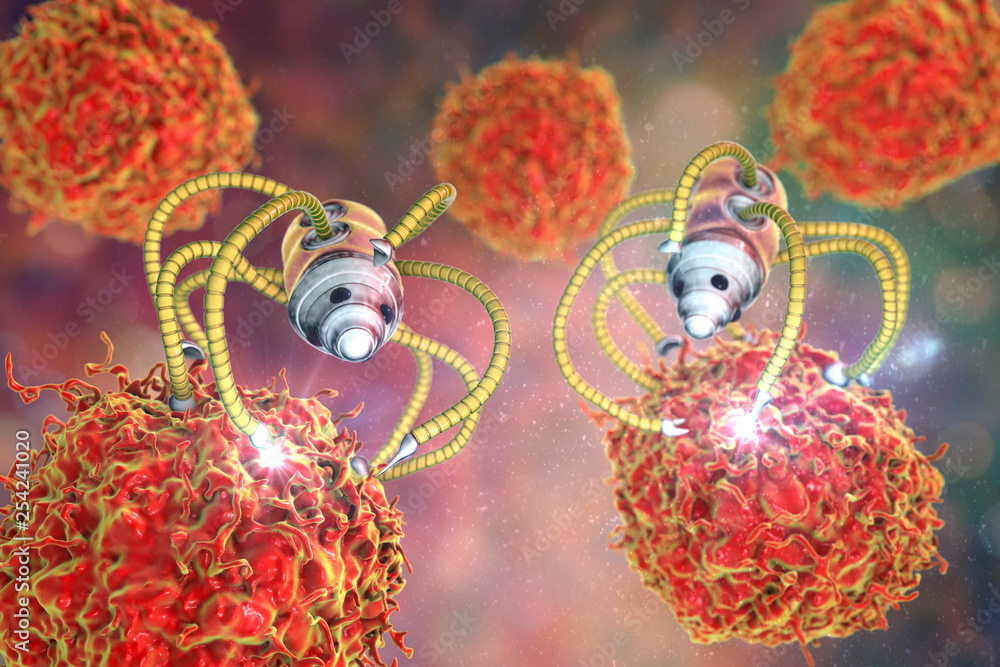 Nanorobot attacking cancer cell, nanotechnology medical concept, 3D illustration. Nano sized robots developed to treat cancer