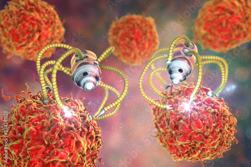 Nanorobot attacking cancer cell  nanotechnology medical concept  3D illustration. Nano sized robots developed to treat cancer