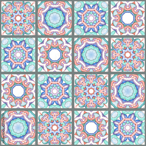 Watercolor seamless pattern with ethnic geometric motifs in style of Spanish Azulejo. Abstract fishnet Oriental arabesques in delicate pink, green and blue shades for ceramics, textile and pacaging photo