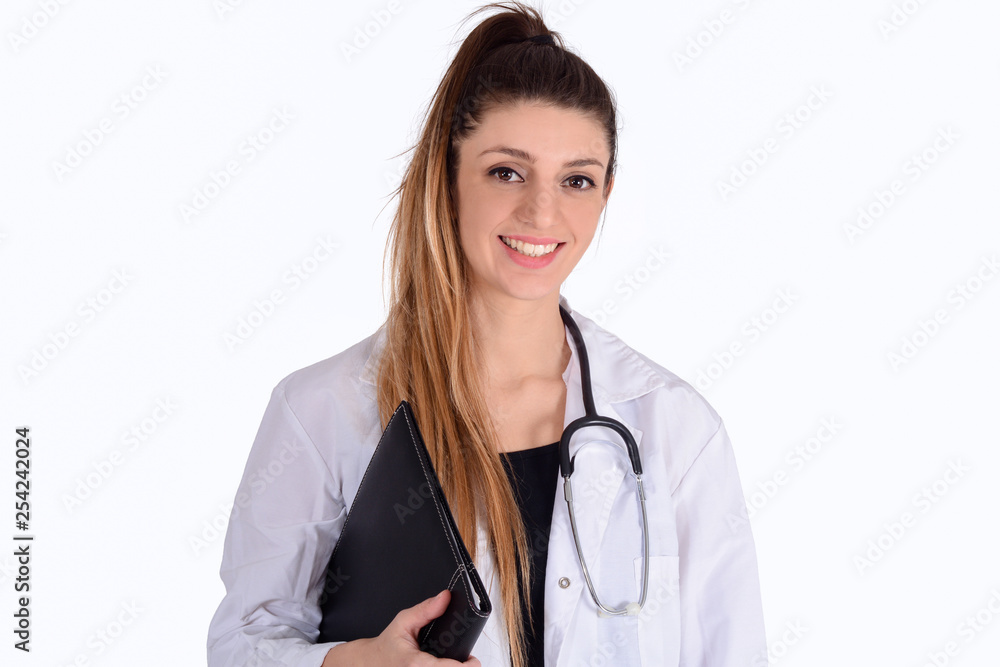 Female doctor with stethoscope and folders. Female doctor with stethoscope and folders.