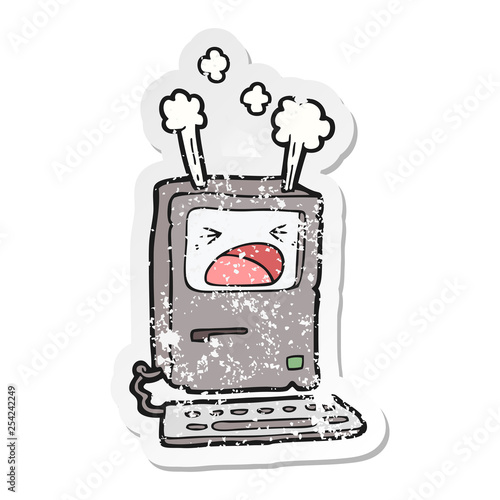 distressed sticker of a cartoon overheating computer