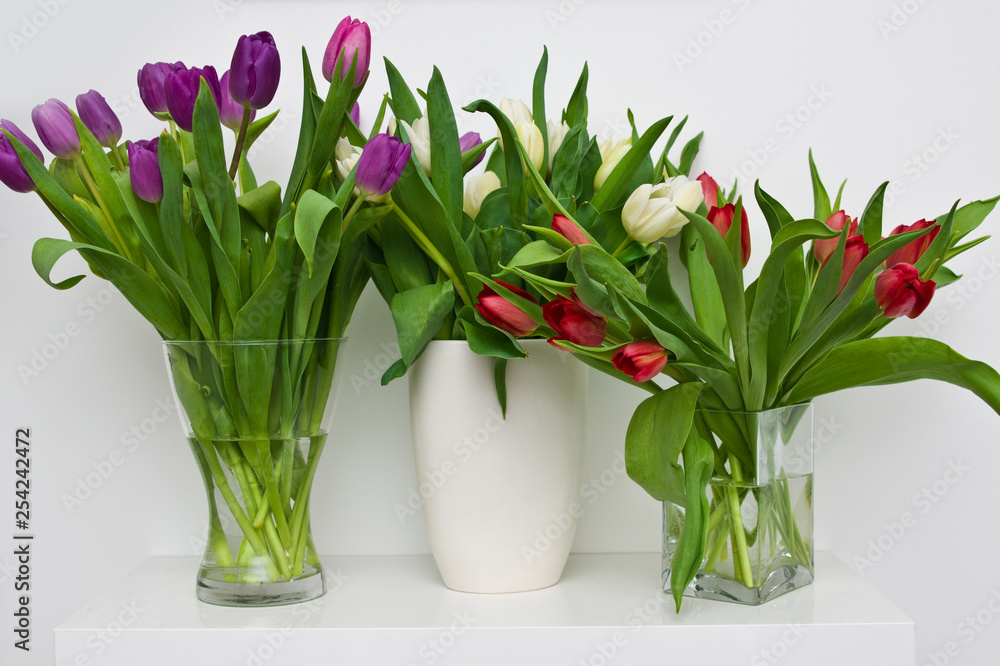 Fresh tulips on a white shelf home decoration