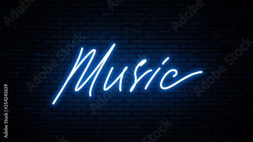 Music, neon inscription isolated against the wall. Vector Illustration