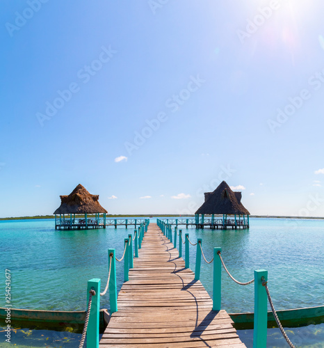 Fototapeta Naklejka Na Ścianę i Meble -  Laguna de Bacalar Lagoon pier in Quintana roo Mexico