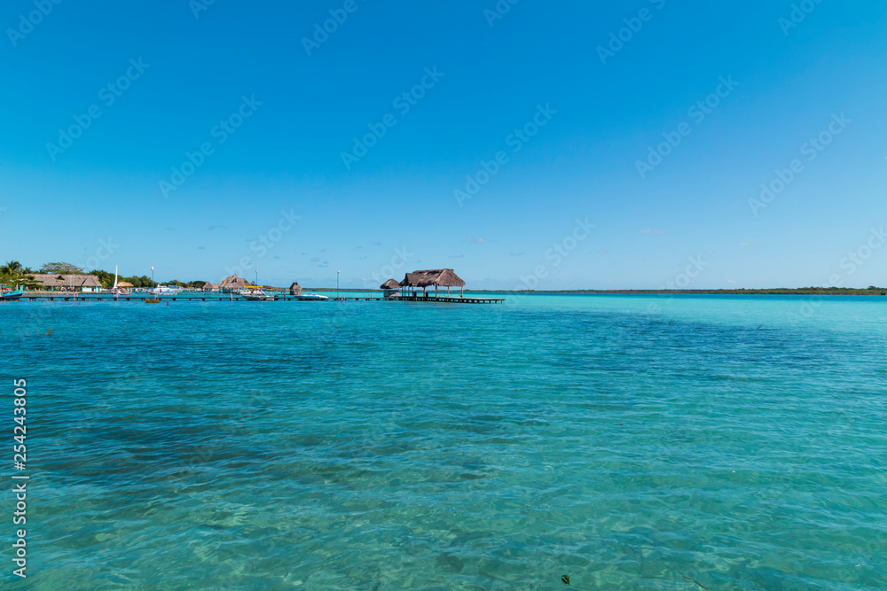 Beautiful Laguna Bacalar. Pavilion with thatched roof,in Quintana roo Mexico