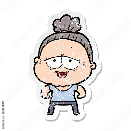 distressed sticker of a cartoon happy old lady