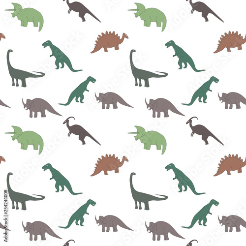Seamless pattern with multicolors dinosaurs and bright leaf on the white background