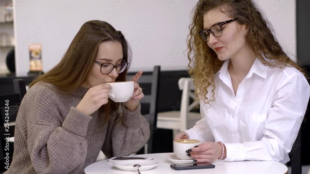 Pretty young women meet over a cup of coffee in a cafe, two good-looking besties. Pretty young women meet over a cup of coffee in a cafe, two good-looking besties.
