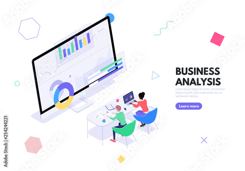 A group of workers sits at a table in front of a monitor with graphs and charts. The concept of business analytics, data analysis and financial management vector isometric illustration © ilyaf