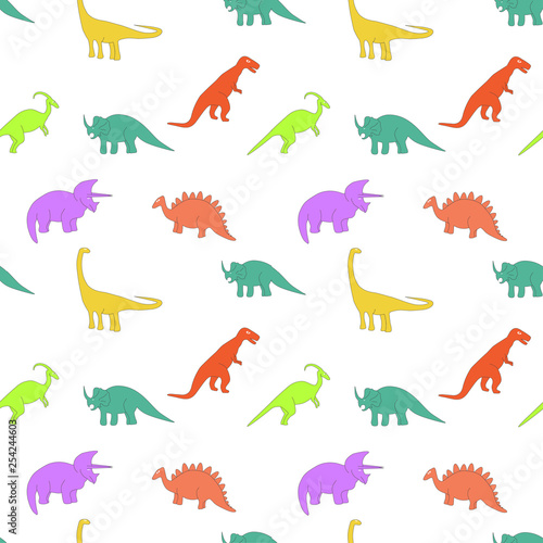 Seamless pattern with multicolors dinosaurs on the white background