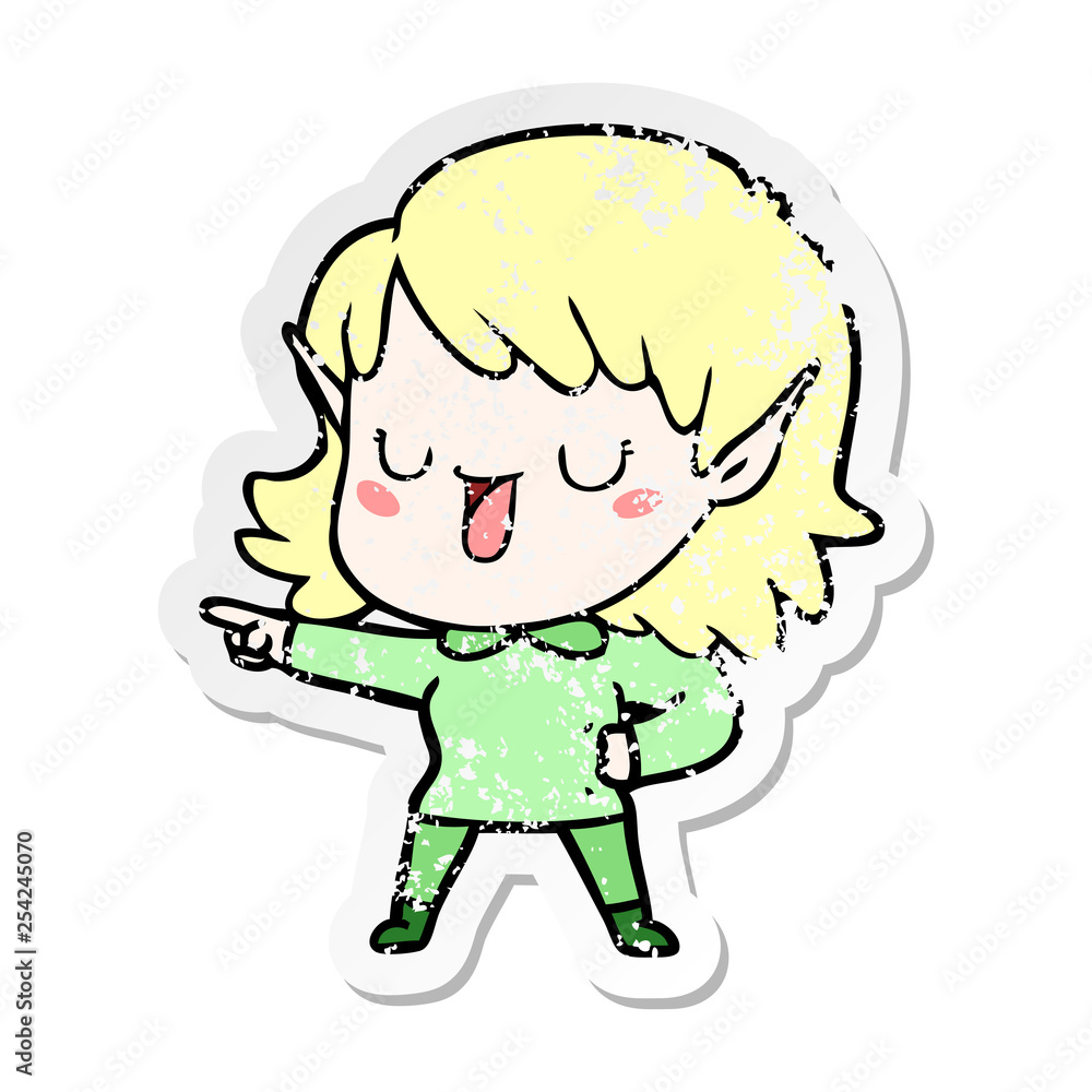 distressed sticker of a cartoon elf girl distressed sticker of a cartoon elf girl