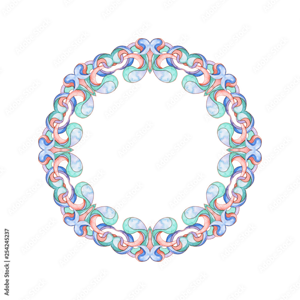 Obraz premium Elegant round had-drawn watercolor pattern frame of ethnic geometric motifs in art Nouveau style and medieval miniatures. Abstract elements in delicate and romantic shades of pink, green and blue