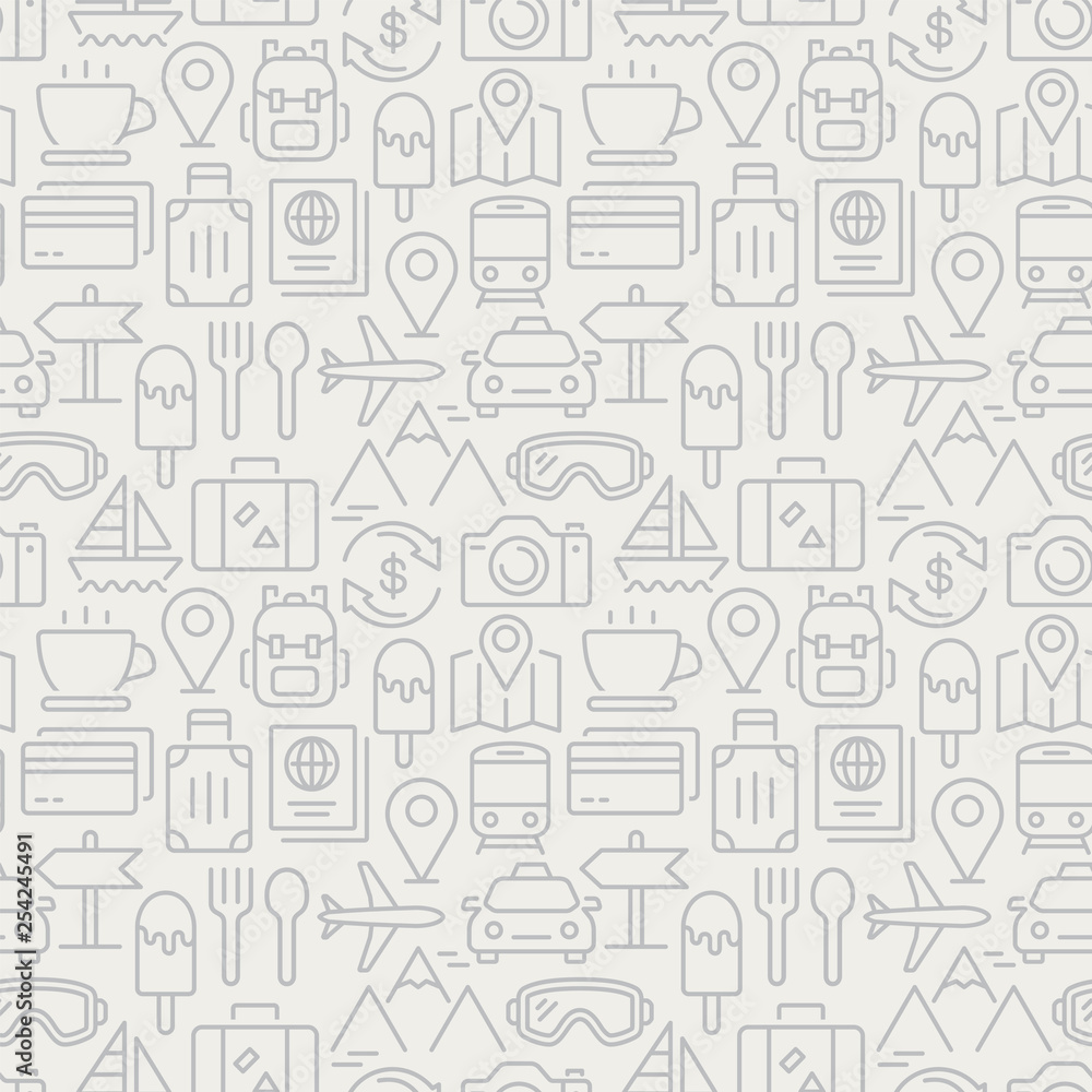 Travel seamless pattern with thin line icons