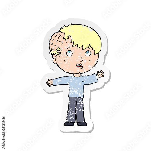 retro distressed sticker of a cartoon boy with growth on head