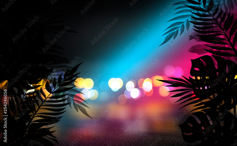 Background of an empty room with brick walls and neon lights. Silhouettes of tropical leaves, colorful smoke - obrazy, fototapety, plakaty 