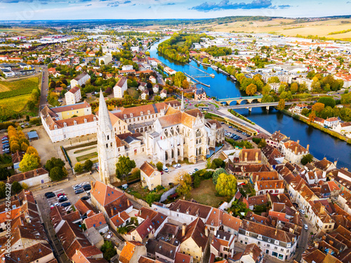 Aerial view of famous old town Auxerre with river in  France photo