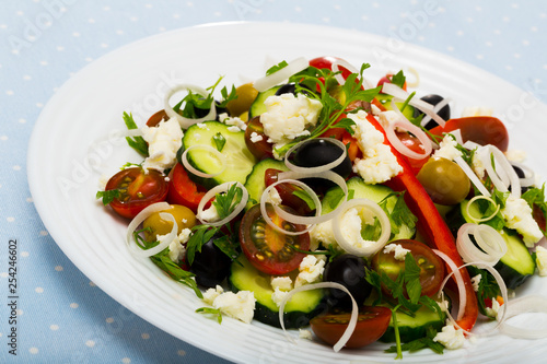 Salad with tomato, brynza cheese, onion and cucumber, sopska salata