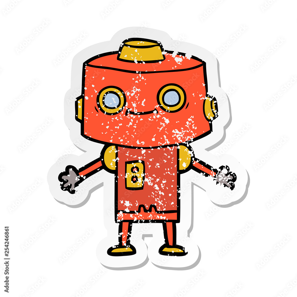 distressed sticker of a cartoon robot distressed sticker of a cartoon robot