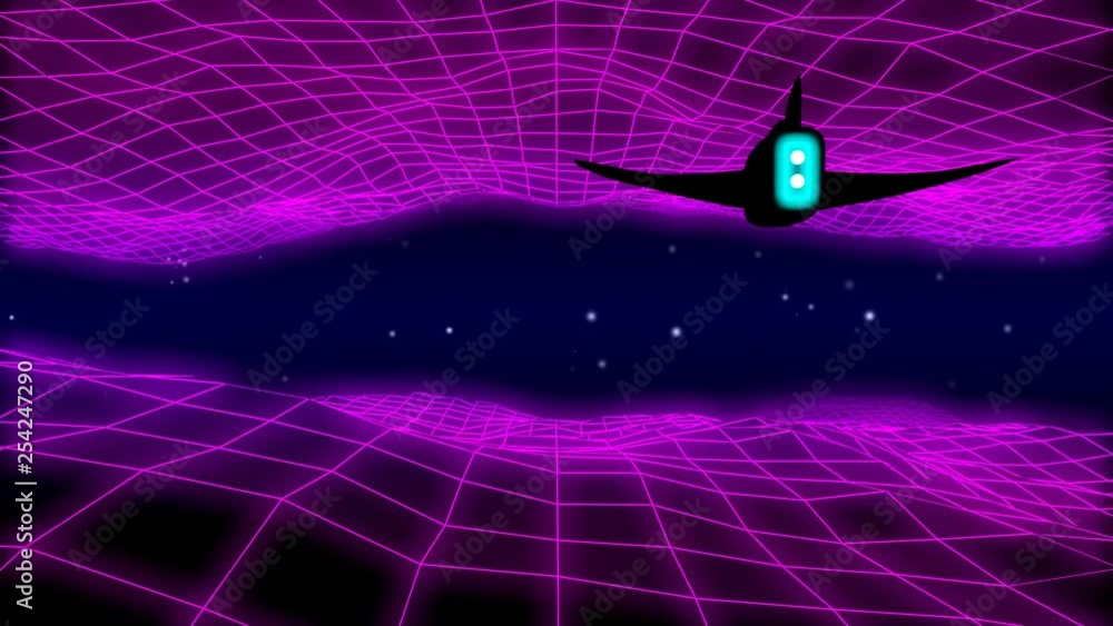 Retro 1980s synthwave glowing neon lights landscape fly-over animation ...