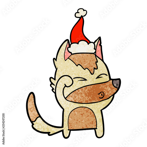 textured cartoon of a wolf pouting wearing santa hat