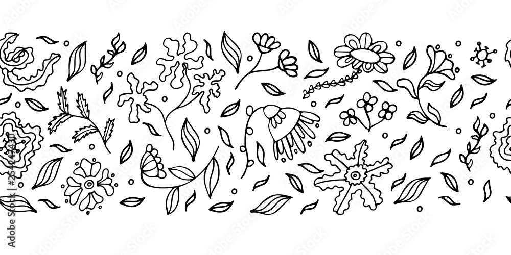 Black and white horizontal floral seamless border with hand drawn flowers and leaves in doodle style for your design. Ornate decorative pattern brush for frame.  illustration