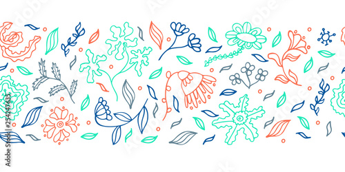 Colored horizontal floral seamless border with hand drawn flowers and leaves in doodle style for your design. Ornate blue and red decorative pattern brush for frame. Vector illustration