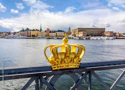 Stockholm old town cityscape and Royal crown, Sweden photo