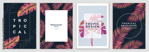 Tropical Brochure Design Layout Template in A4 size, greeting cards. Frame with tropic leaves. Ideal for party poster, greeting card, banner or invitation. Vector Illustration