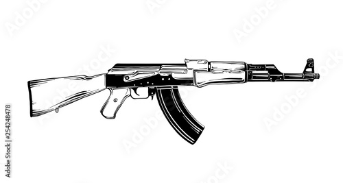 Vector engraved style illustration for posters, decoration and print. Hand drawn sketch of Kalashnikov assault rifle in black isolated on white background. Detailed vintage etching style drawing.