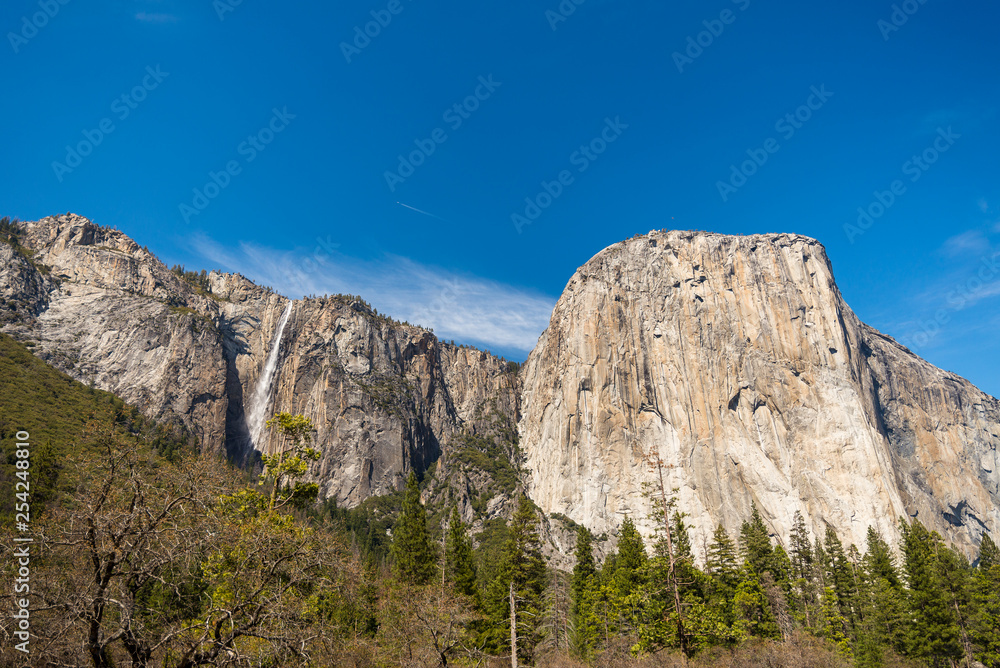 The view of El capitan and Ribbon fall from Yosemite valley in Yosemite national park, United states of America