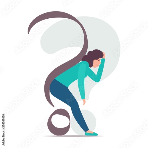 Woman is bent under the question mark. Woman is dejected by problems and doubts. Vector concept illustration.