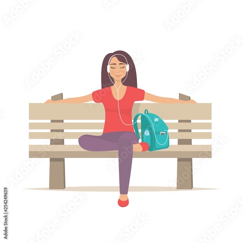 Cute girl sitting on a bench with headphones and listening to music. Young woman enjoying music on park bench. Vector illustration.