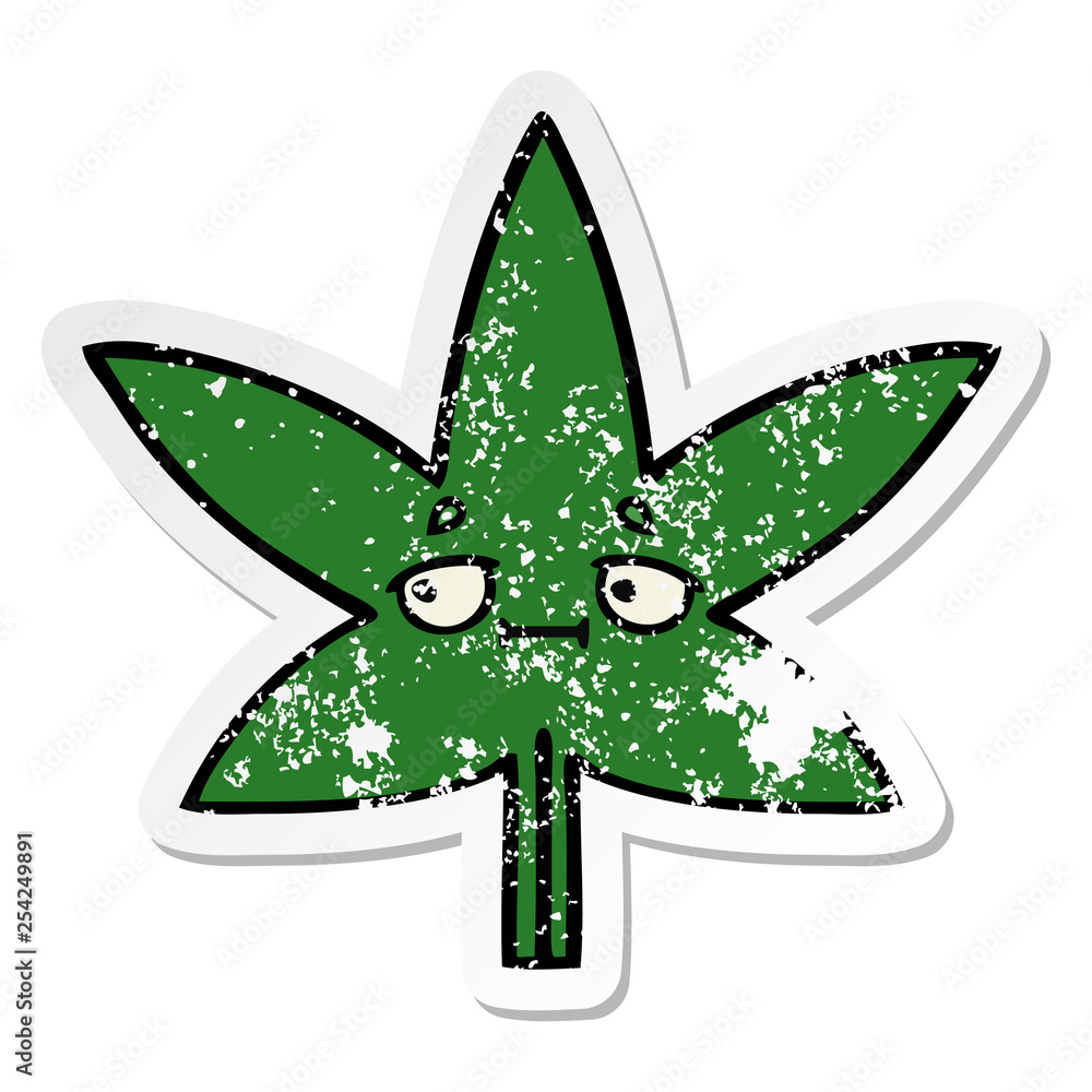 distressed sticker of a cute cartoon marijuana leaf distressed sticker of a cute cartoon marijuana leaf