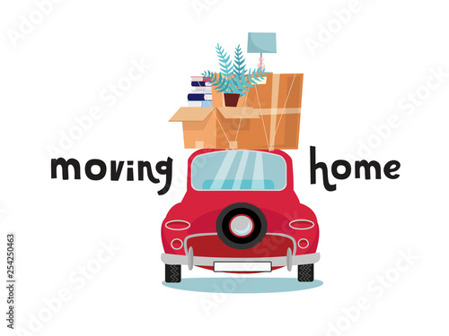 Car back View With stack of baggage, boxes, furniture on white background. Red small car with stuff on roof. lamp and books on top of vehicle. Flat cartoon vector illustration. Moving home lettering