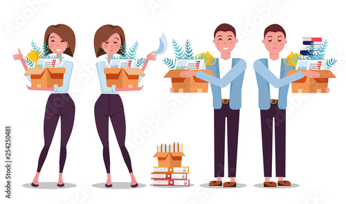 set of 4 hired and fired woman and man. Successful smiling employees holding a box with her things and dismissed frustrated employees. Employment and job reduction. Vector flat cartoon illustration