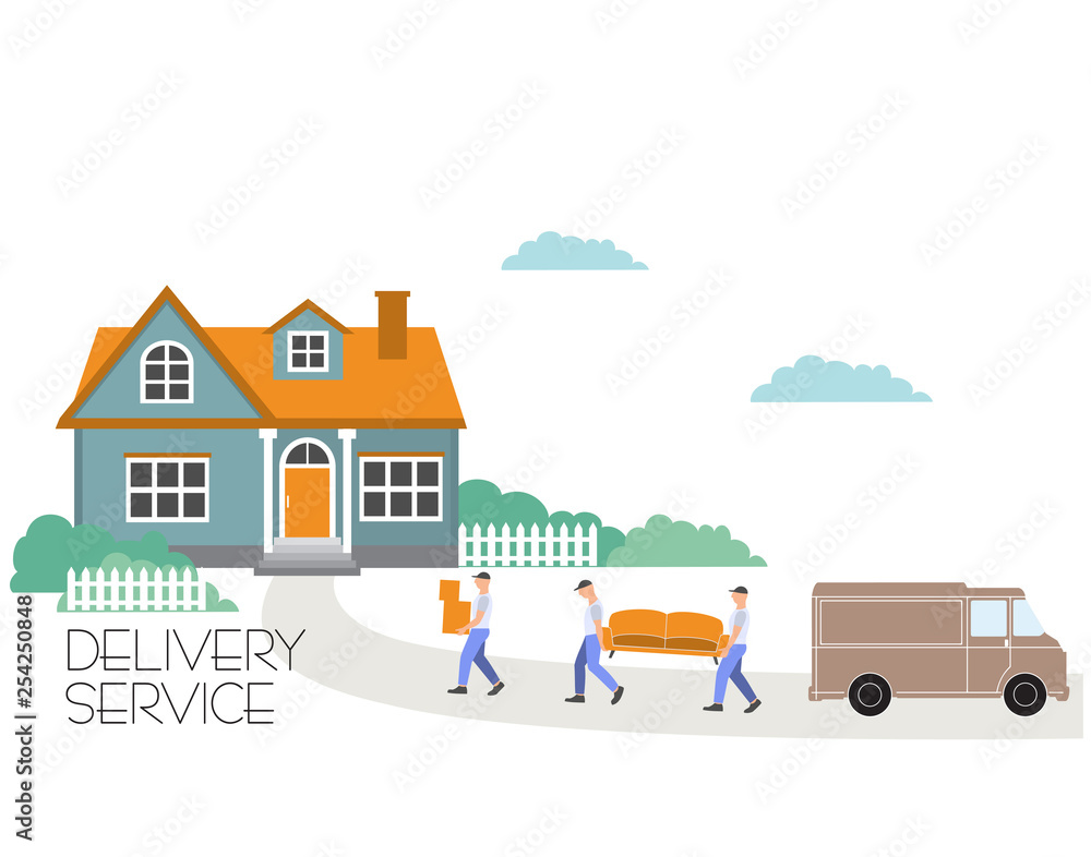Vector cartoon style illustration porters carry sofa and boxes. Moving to a new house.Transport company. Goods delivery