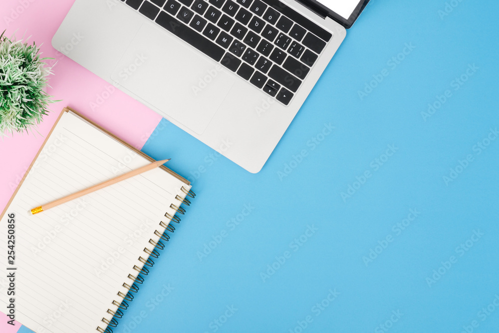 Creative flat lay photo of workspace desk. Top view office desk with laptop, pencil, notebook and plant on blue pink color background. Top view with copy space, flat lay photography. Creative flat lay photo of workspace desk. Top view office desk with laptop, pencil, notebook and plant on blue pink color background. Top view with copy space, flat lay photography.