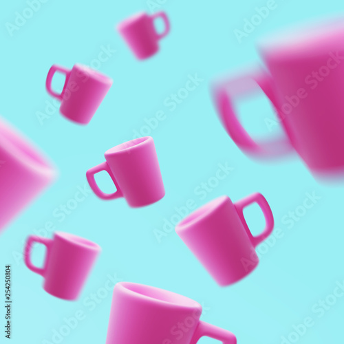 Pink Mugs Floating in the Air, 3d rendering, Coffee Cup
