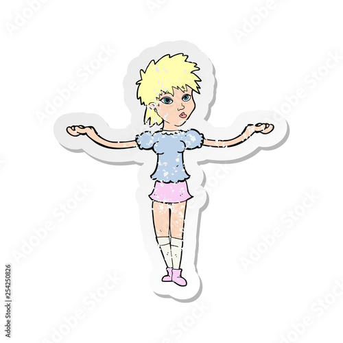 retro distressed sticker of a cartoon woman shrugging shoulders