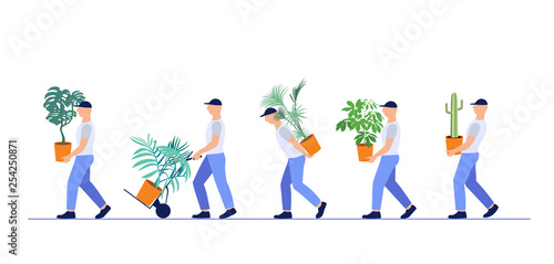 vector illustration team of loaders deliver houseplants. Concept fast delivery goods. Isolated white background. Loader profession.