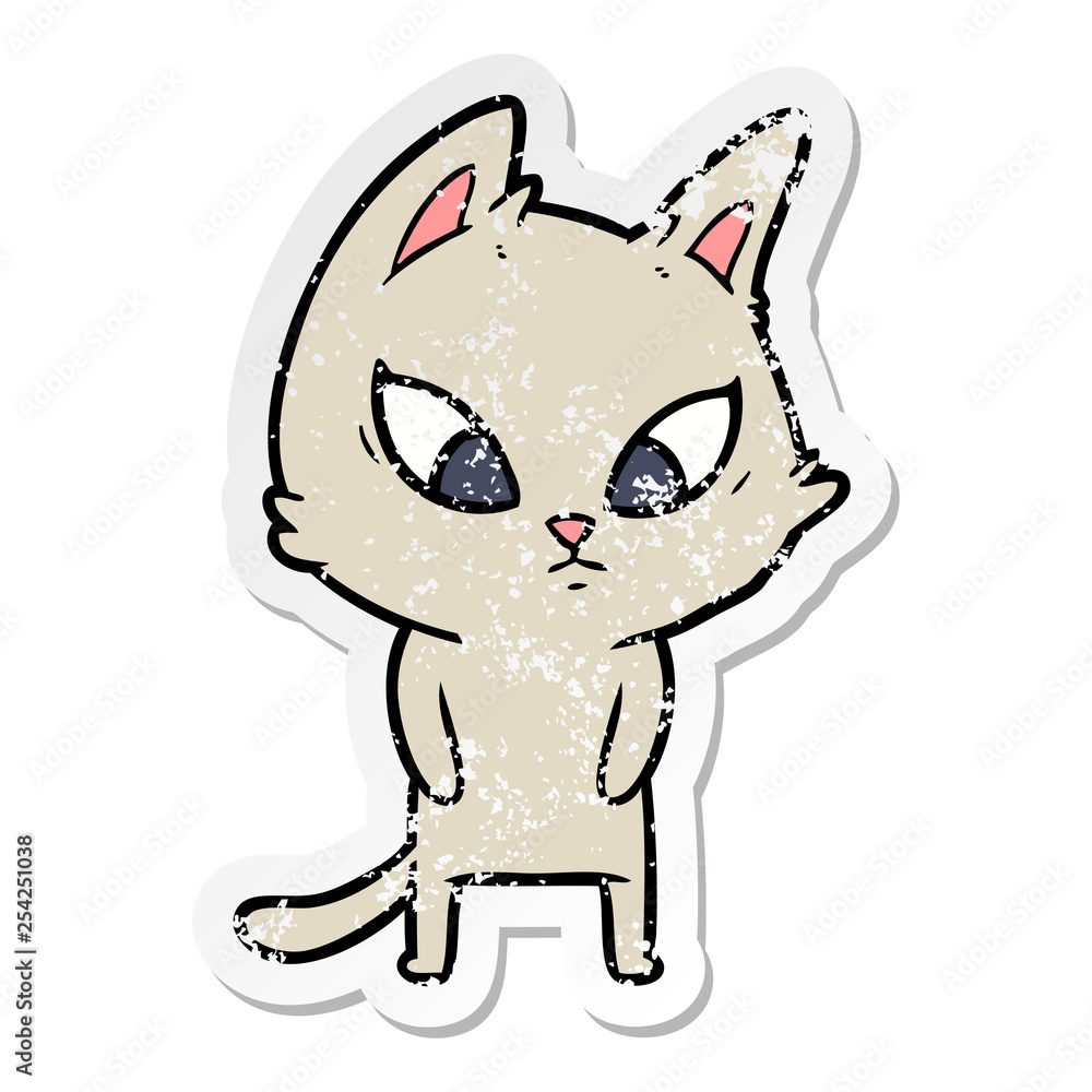distressed sticker of a confused cartoon cat distressed sticker of a confused cartoon cat