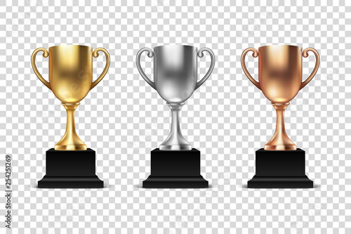 Vector 3d Blank Golden, Silver and Bronze Champion Cup Icon Set Closeup Isolated. Design Template of Championship Trophy. Sport Tournament Award, Winner Cup and Victory Concept